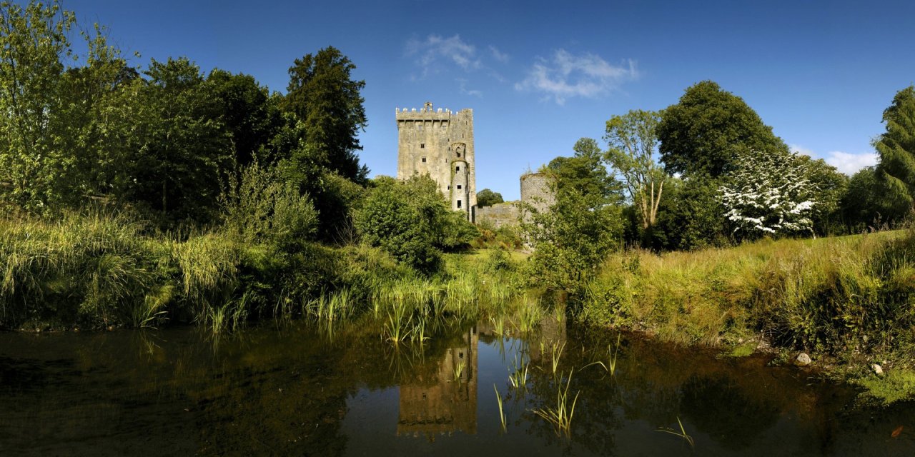 View from the shore of blarney castle on a summers day 