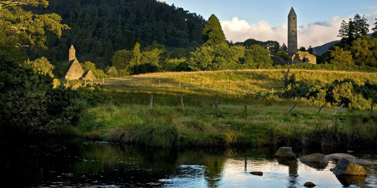 Scenic View of a tower with a back drop of the wicklow mountains 